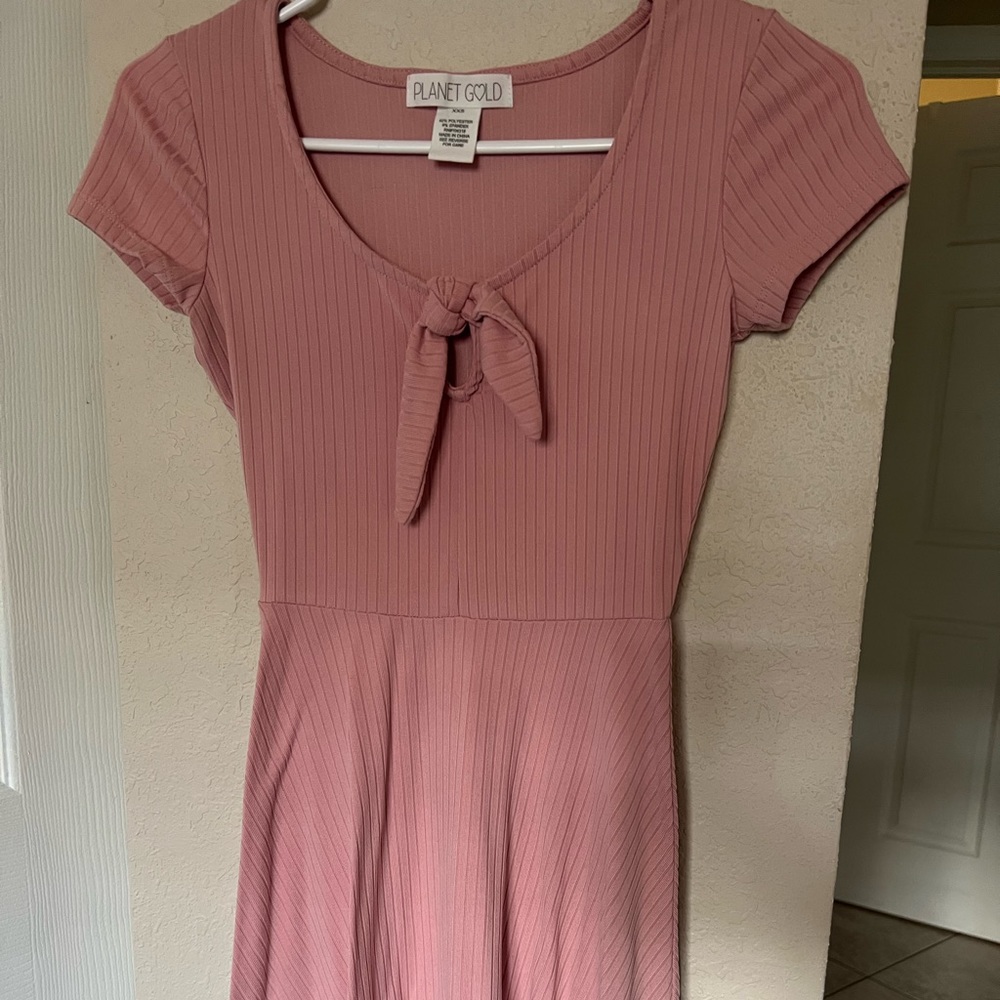 Planet Gold Ribbed Shortsleeve Tie-Neck Fit & Flare Dress XXS